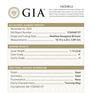 1.13ct 10.15x4.65x3.89mm GIA H I1 Hexagon Brilliant 27391-01