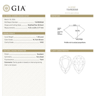 1.28ct 9.24x6.28x3.17mm GIA VVS2 M Pear Brilliant 28021-01