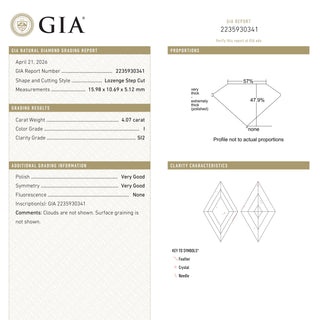 4.07ct 15.98x10.69x5.12mm GIA SI2 I Lozenge Step Cut 28010-01