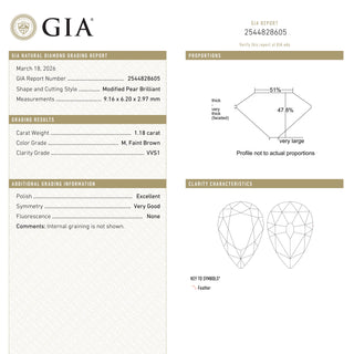 1.18ct 9.16x6.20x2.97mm GIA VVS1 M Pear Brilliant 28022-01