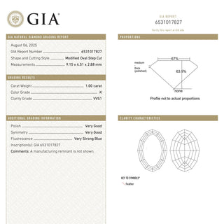 1.00ct 9.15x4.51x2.88mm GIA VVS1 K Geo Oval Step Cut 28330-01