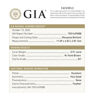 0.91ct 11.09x4.83x2.81mm GIA SI1 M Marquise Brilliant 🇨🇦 26592-01